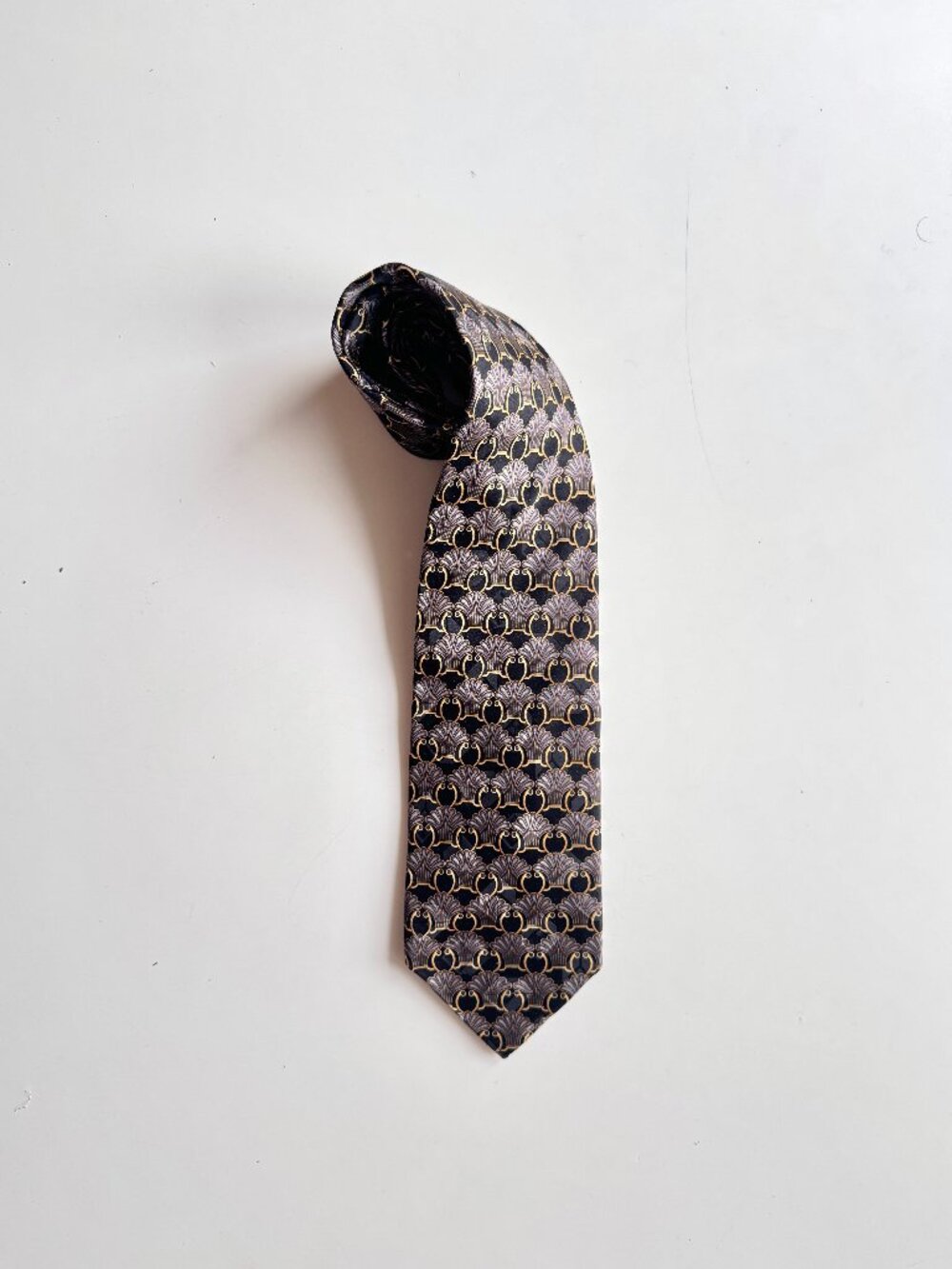Vintage CHRISTIAN DIOR Monsieur Black Art Nouveau Patterned 100% Silk Tie